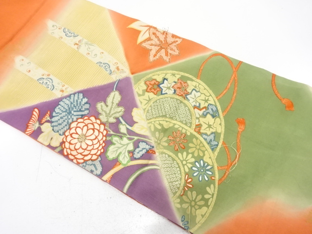 JAPANESE KIMONO / ANTIQUE MARU OBI / SILK / EMBROIDERY / WOVEN DRUMS & KIKU & MAPLE